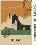 Ireland Attraction Postcard, Medieval Castle Illustration, Vector Template Retro Style Greeting Card with handwriting wish. Postal Imprint, Aged Paper Texture