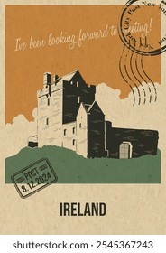 Irland Attraction Postcard, mittelalterliche Burg Illustration, Vektor Vorlage Retro Stil Grußkarte mit Handschrift Wunsch. Postaufdruck, gereifte Papierstruktur