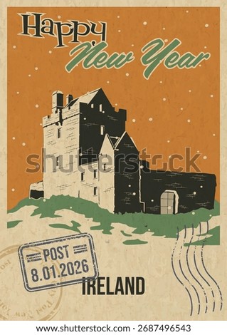 Ireland Attraction Postcard, Medieval Castle Illustration, Vector Template Retro Style Greeting Card. Postal Imprint, Aged Paper Texture, Snow