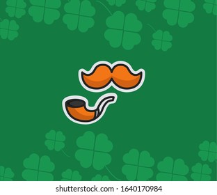 Ireland Attribute for Patric's Day. Mustache With Tobacco Pipe Vector  Sticker . 