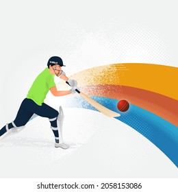 Ireland Batsman Player Hitting The Ball And Noise Effect Wave On White Halftone Background.