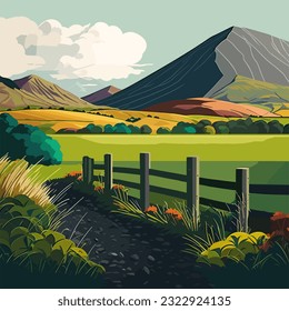 Irland. Schöne irische Landschaft mit smaragdgrünen Feldern und Wiesen.Vektorgrafik im Flachstil