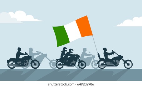 Ireland bikers on motorcycles with national flag