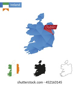 Ireland blue Low Poly map with capital Dublin, versions with flag, black and outline. Vector Illustration.
