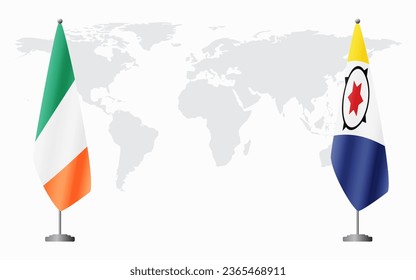 Ireland and Bonaire flags for official meeting against background of world map.