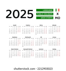 Ireland calendar 2025. Week starts from Monday. Vector graphic design. Irish language.