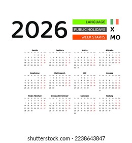 Ireland calendar 2026. Week starts from Monday. Vector graphic design. Irish language.