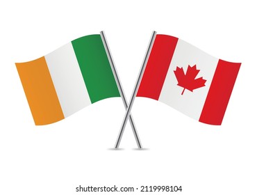 Irlanda y Canadá cruzaron banderas. Banderas irlandesas y canadienses, aisladas de fondo blanco. Conjunto de iconos del vector. Ilustración vectorial. 