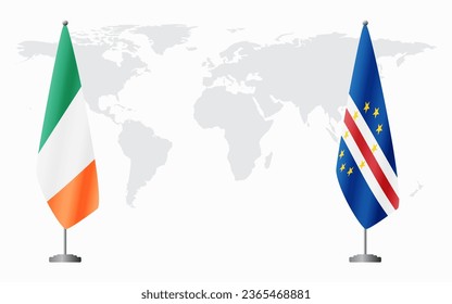 Ireland and Cape Verde flags for official meeting against background of world map.