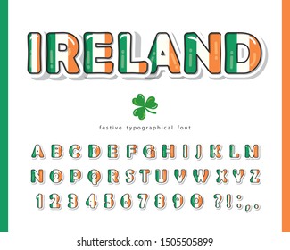 Ireland Cartoon Font. Irish National Flag Colors. Bright Alphabet For St. Patrick's Day Design. Paper Cutout Glossy ABC Letters And Numbers. Vector Illustration