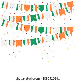 Ireland celebration bunting flags with Confetti And Ribbons on white background.vector illustration