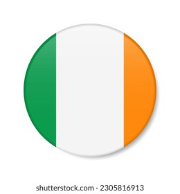 Ireland circle button icon. Irish round badge flag with shadow. 3D realistic vector illustration isolated on white.