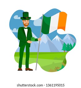 Ireland Citizen with National Flag Illustration. Irishman Celebrate St Patrick Day Cartoon Character. Irish Patriotic Costume. Red Haired Guy Enjoying Ireland Nature, Mountains, Meadow