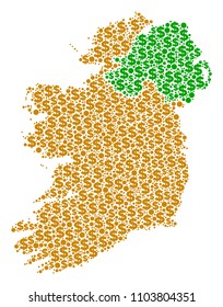Ireland countries map mosaic of dollar signs and circle spots in different sizes. Abstract vector economics and GDP Ireland countries map.