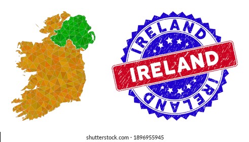Ireland countries map polygonal mesh with filled triangles, and grunge bicolor stamp seal. Triangle mosaic Ireland countries map with mesh vector model, triangles have various sizes, and positions,