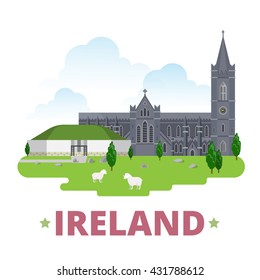 Ireland country design template. Flat cartoon style historic sight showplace web site vector illustration. World vacation travel Europe European collection. St Patricks Cathedral Bru na Boinne Palace.