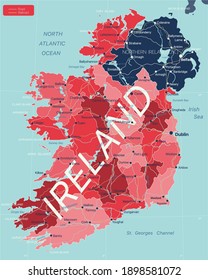 Irland Land detaillierte bearbeitbare Karte mit Regionen Städte, Straßen und Eisenbahnen, geografische Standorte. EPS-10 Datei, Vektorgrafik