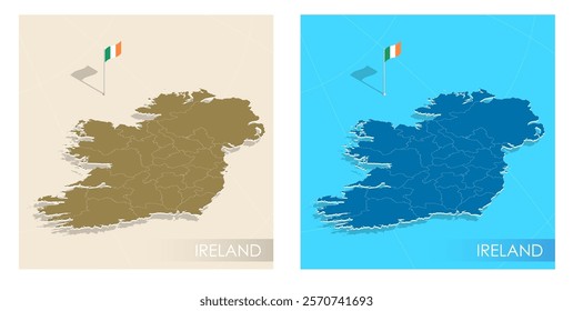 Ireland country flag installed on geographic positioning map point of country territory. Irish commonwealth banner on land and sea. Festive patriotic HD format template for independence day