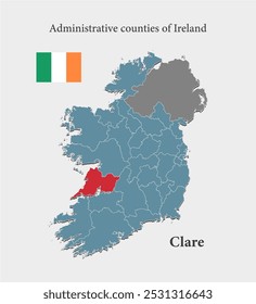 Ireland country - high detailed illustration map divided on regions. Blank Ireland map isolated on background. Vector template Clare county for website, pattern, infographic, education