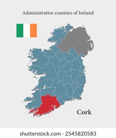 Irland Land - hochdetaillierte Illustrationskarte aufgeteilt auf Regionen. Leere Irland-Karte einzeln auf Hintergrund. Vektorvorlage Cork County für Website, Muster, Infografik, Bildung