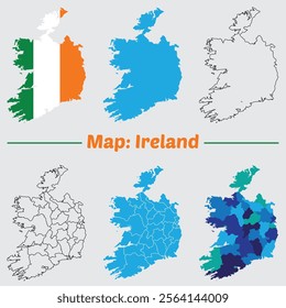 Ireland country map set. internal provinces borders marked, Simple map of Ireland vector drawing, Filled and outline.