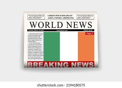 Ireland country newspaper with flag, breaking news on newsletter, Ireland news concept, gazette page with headline, journal with country flag, reading newspaper, streamer headline