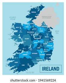 Ireland country political map. Detailed vector illustration with isolated provinces, departments, regions, counties, cities and states easy to ungroup.