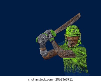 Ireland Cricket Batter In Playing Pose With Line Pattern On Blue Background.