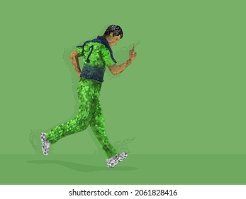 Ireland Cricket Player Raising Index Finger In Irregular Dots Effect And Copy Space.