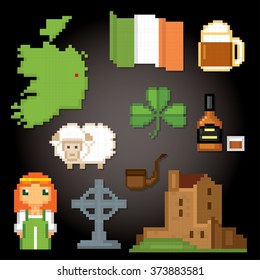 Ireland culture symbols icons set. Pixel art. Old school computer graphic style.