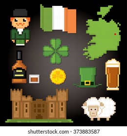 Ireland culture symbols icons set. Pixel art. Old school computer graphic style.