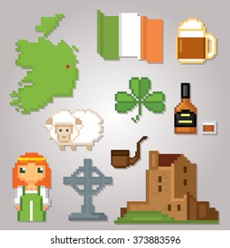Ireland culture symbols icons set. Pixel art. Old school computer graphic style.