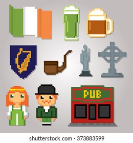 Ireland culture symbols icons set. Pixel art. Old school computer graphic style.