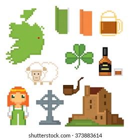 Ireland culture symbols icons set. Pixel art. Old school computer graphic style.
