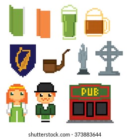 Ireland culture symbols icons set. Pixel art. Old school computer graphic style.