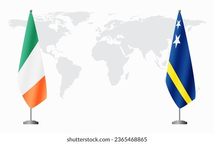 Ireland and Curacao flags for official meeting against background of world map.
