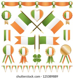 ireland decorative flags, rosettes and ribbons, isolated on white