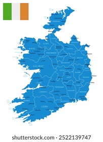 Ireland - detailed blue country map with cities and regions. Vector illustration.