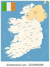 Ireland - detailed map with administrative divisions and country flag. Vector illustration