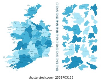 Irlanda - mapa detalhado do país em cores azuis, dividido em regiões. Ícones infográficos. Ilustração vetorial.