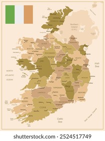 Irlanda - mapa detallado del país en colores marrones, dividido en regiones. Ilustración vectorial