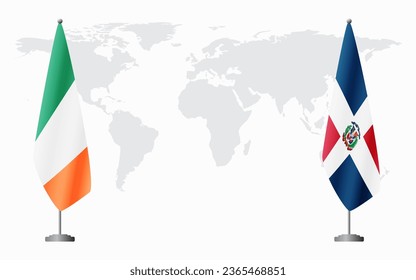 Ireland and Dominican flags for official meeting against background of world map.