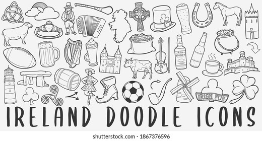 Ireland, doodle icon set. Irish Style Vector illustration collection. Banner Hand drawn Line art style.
