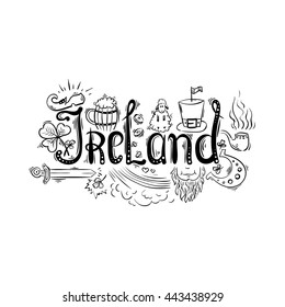 Ireland, Dublin elements set - vector handwritten lettering and sketches isolated on white background
