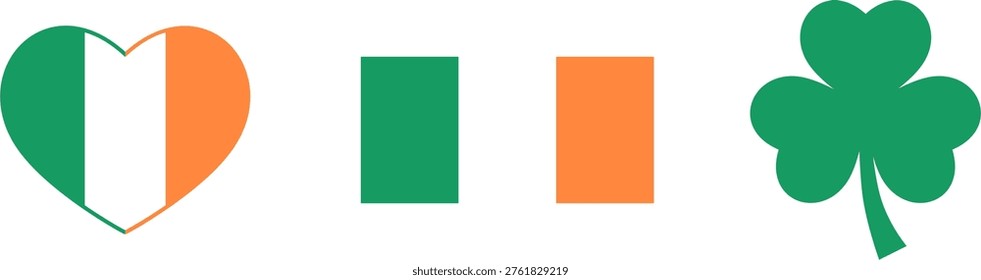 Ireland Eire Irish Flag in a Heart and Shamrock St. Patricks Day Sign Symbol Icon Set. Vector Image.
