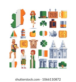 Ireland elements of culture landmark pixel art 80s style icons Part 2, St. Patrick's Cathedral, flag, people in national clothes and Stonehenge isolated illustration. Design logo, mobile app, sticker.