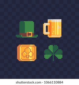 Ireland elements pixel art icons, Hat St. Patrick's Day, mug of beer and gold coin clover isolated illustration. Design logo, app, sticker. 8-bit.