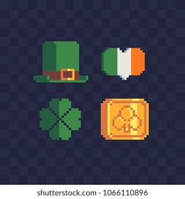 Ireland elements pixel art icons, Hat St. Patrick's Day, Irish national flag in the shape of a heart and gold coin clover isolated illustration. Design logo, app, sticker. 8-bit.