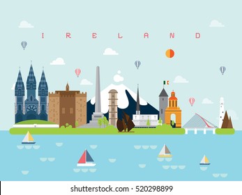 Ireland Famous Landmarks Infographic Templates for Traveling Minimal Style and Icon, Symbol Set Vector Illustration Can be use for Poster Travel book, Postcard, Billboard.