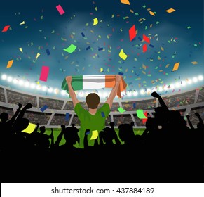 Ireland fan stand up and hand flag in silhouette group to celebrate the team won in the soccer match on the stadium background, with confetti in the night time, design for template in vector format